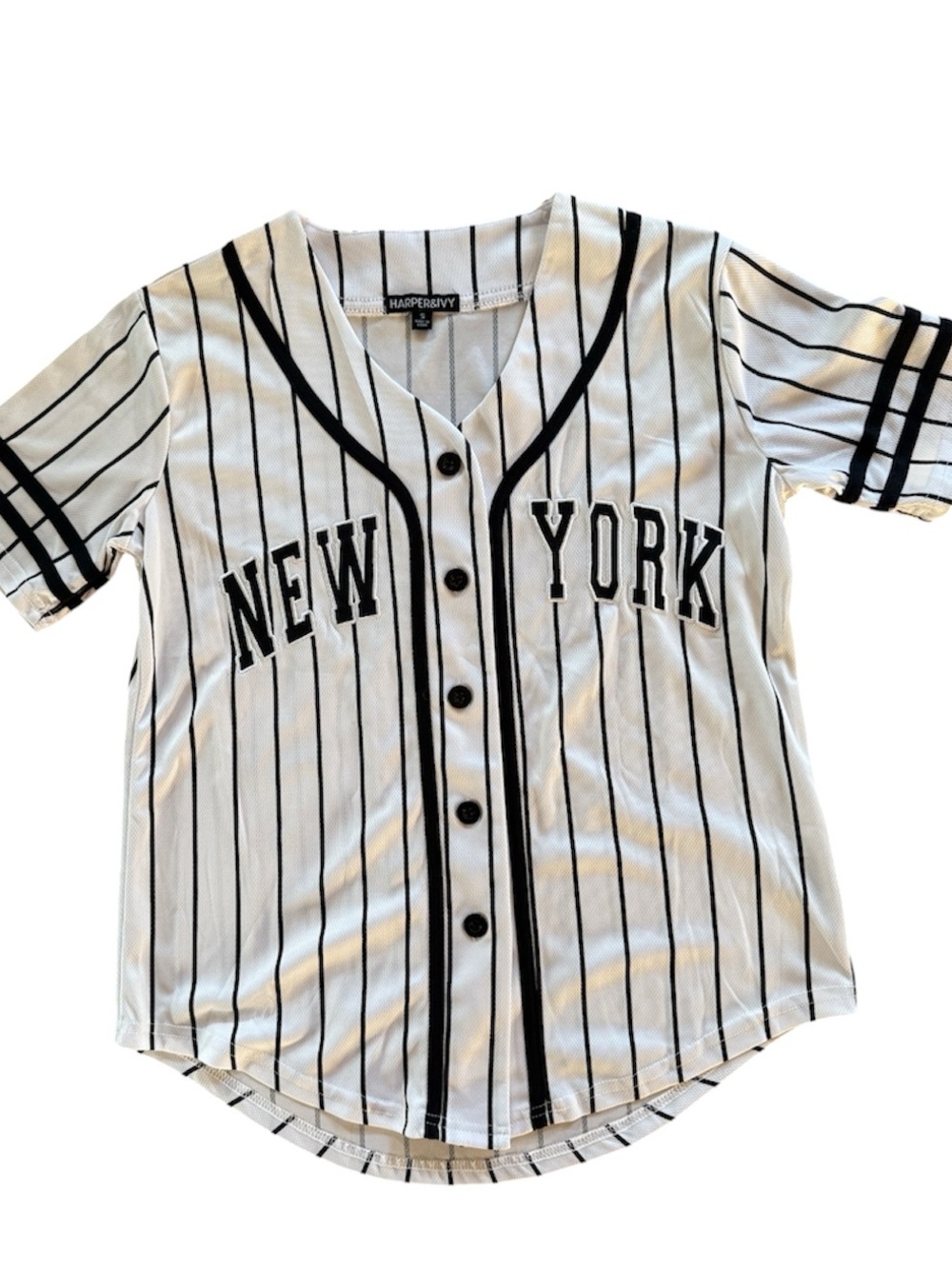 HARPER & IVY WOMENS NEW YORK BLACK & WHITE PINSTRIPE BASEBALL JERSEY SPORTS SMAL